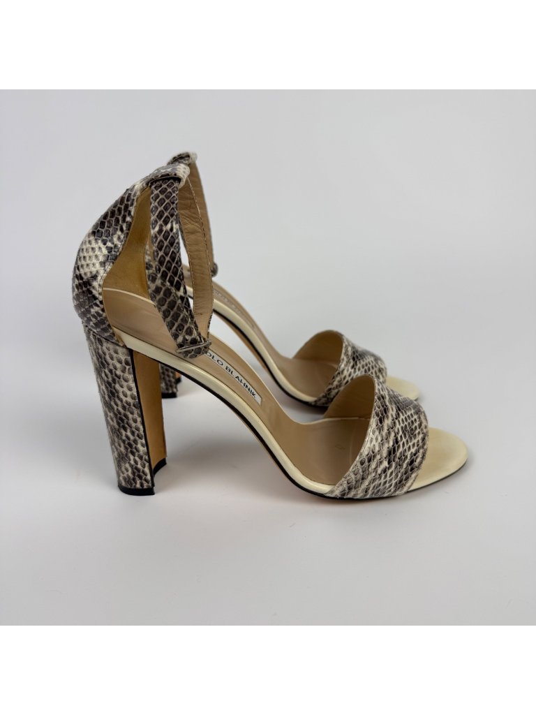 Manolo Blahnik Natural Snakeskin Leather Block-Heel Ankle-Strap Sandals Size 39